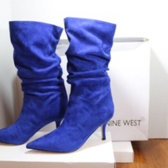 New Nine West MYCKI WOMENS SLOUCHY POINTED TOE MID-CALF BOOTS IN BLUE, - Picture 2 of 5